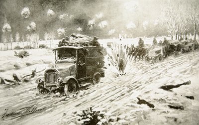 British Transport Train Making Its Way Under Heavy Shell Fire Along the Snow-Bound Ypres Roads by Frederic Villiers